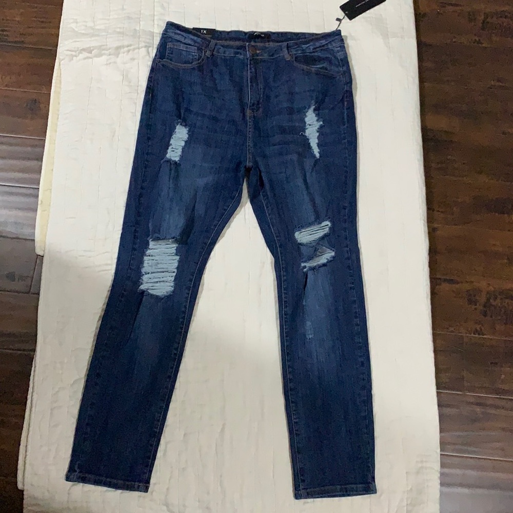 High Rise Distressed Straight Leg Jeans 1X